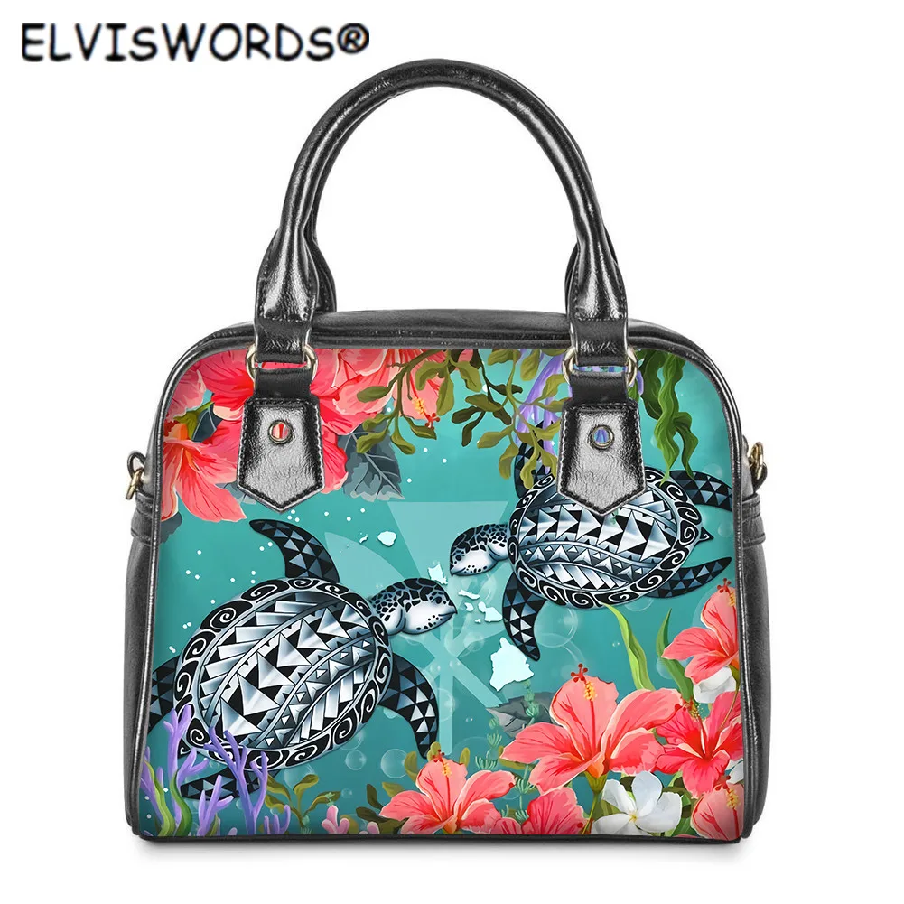 

ELVISWORDS 2021 модный тренд PU Сумка-тоут женская сумка через плечо полинезийская черепаха гибискуса и морские водоросли шаблон сумка Mujer