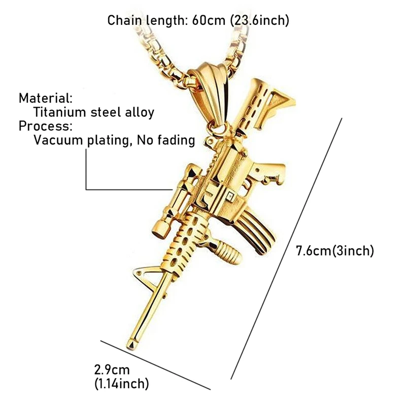 

HipHop Titanium Steel Alloy Refined Stylish Iced Out Gold Silver Color Alloy M4 Gun Pendants Necklace For Men Rapper Jewelry