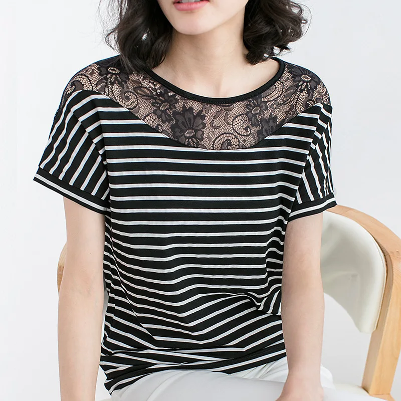 

Tee Shirt Femme Lace T Shirt Women 2020 Casual Striped T-Shirt Summer Tops Cotton Black Womens Clothing Plus Size Tshirt Female