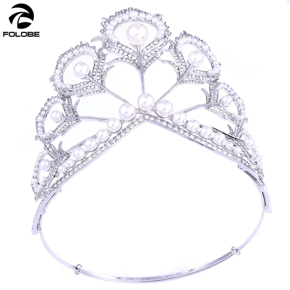 Peacock feather crown bride wedding accessories headwear evening prom party with pearls H1159 | Свадьбы и торжества