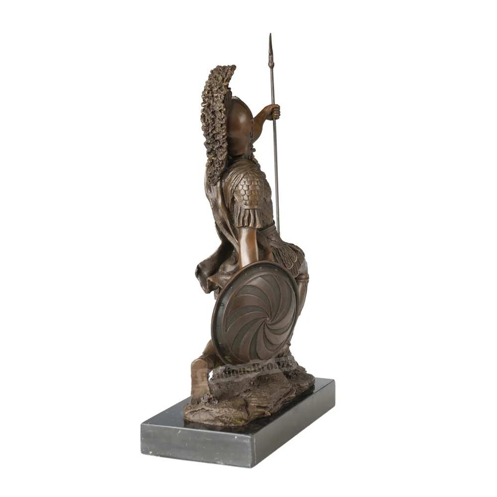 

Bronze Sparta Warrior with Spear and Shield Statue Sculpture Vintage Man Art Marble Base Office Gallery Decoration
