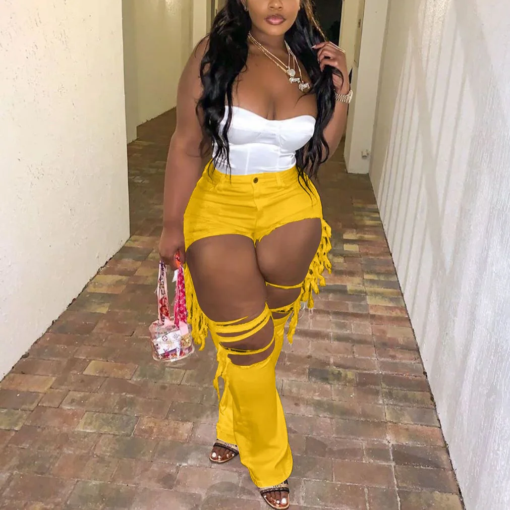 

Hole Jeans Fashion Women High Waist Bodycon Yellow Red Sexy Evening Night Club Wear Pencil Pants Trousers 2021 New Summer Style
