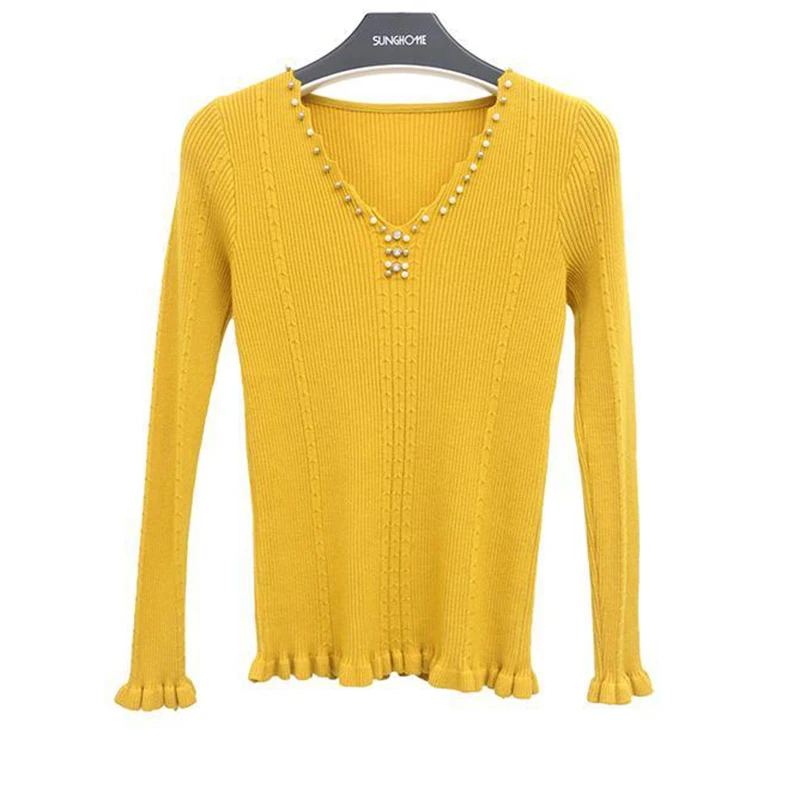 Fashion V-Neck Knitted Sweater Pullover Female Spring Autumn Women Knitwear Tops Beaded Diamonds Elasticity Slim Tight Sweater images - 6