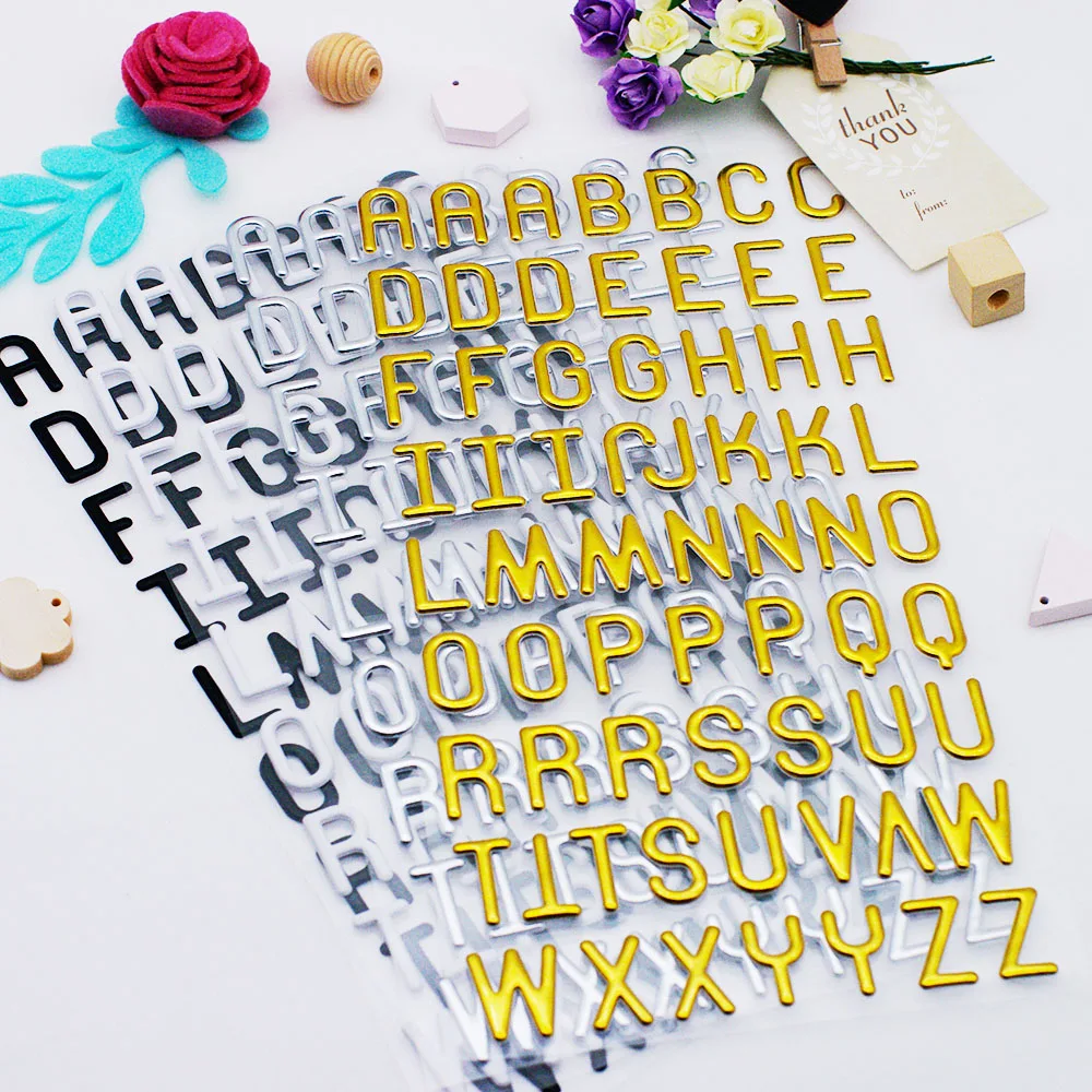 

2021 New Uppercase Puffy Sticker 4 Sheets 24Cm*12Cm Alphabet Letters Silver/Gold /Black/White Decorative for Scrapbooking DIY