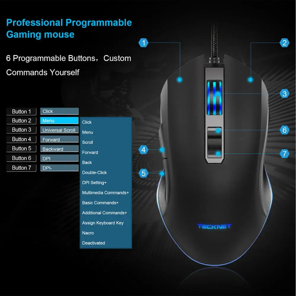 TeckNet 7200 dpi программируемая мышь RGB светодиодный светильник Проводная геймерская мышь s для ПК ноутбука 6 кнопок оптическая игровая мышь для компьютера