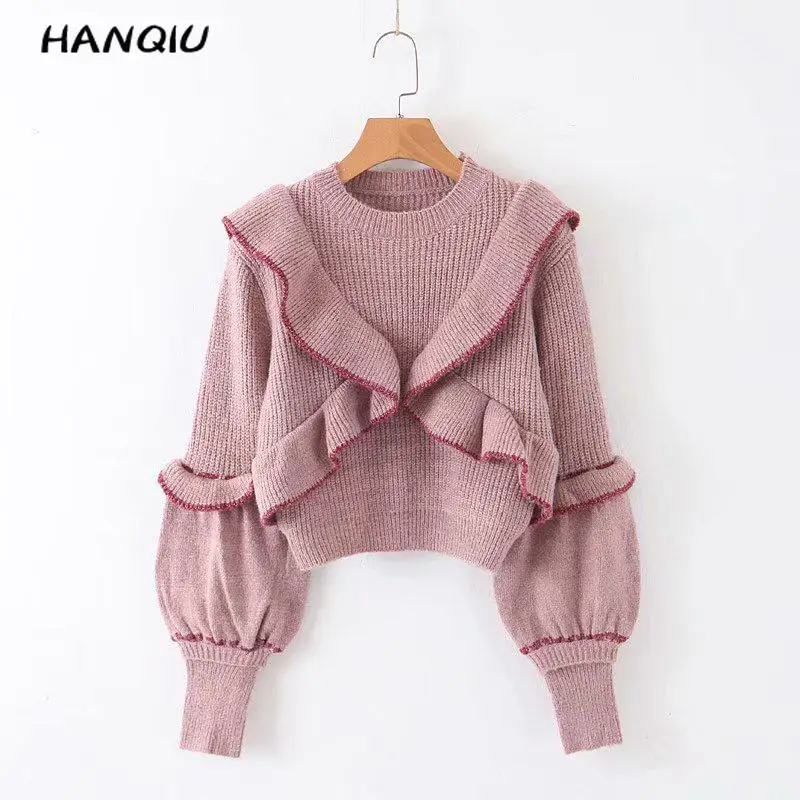 Женский теплый пуловер с рюшами белый винтажный базовый вязаный свитер черного