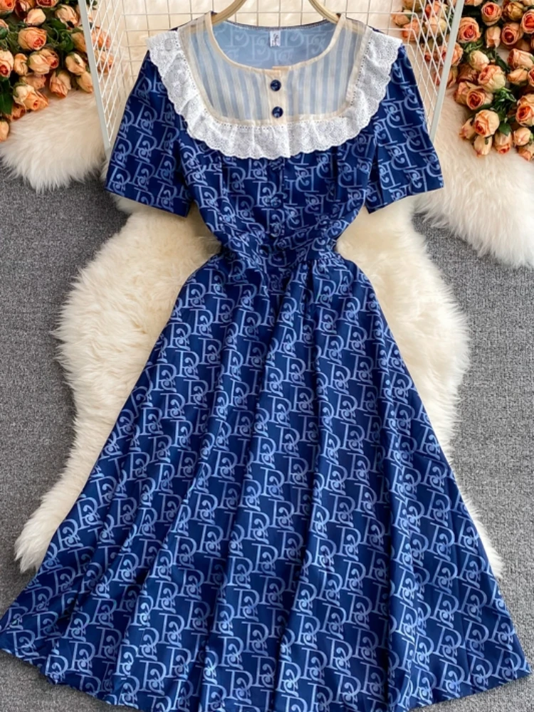 

Aibeautyer New Summer Casual Floral Print Chiffon Lady Short Dress A Line O Neck Puff Sleeve Mid-calf Women Medium Dresses