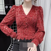 french retro lace bottoming shirt women spring and autumn 2021 new fashion shirt top long sleeve shirt women v neck