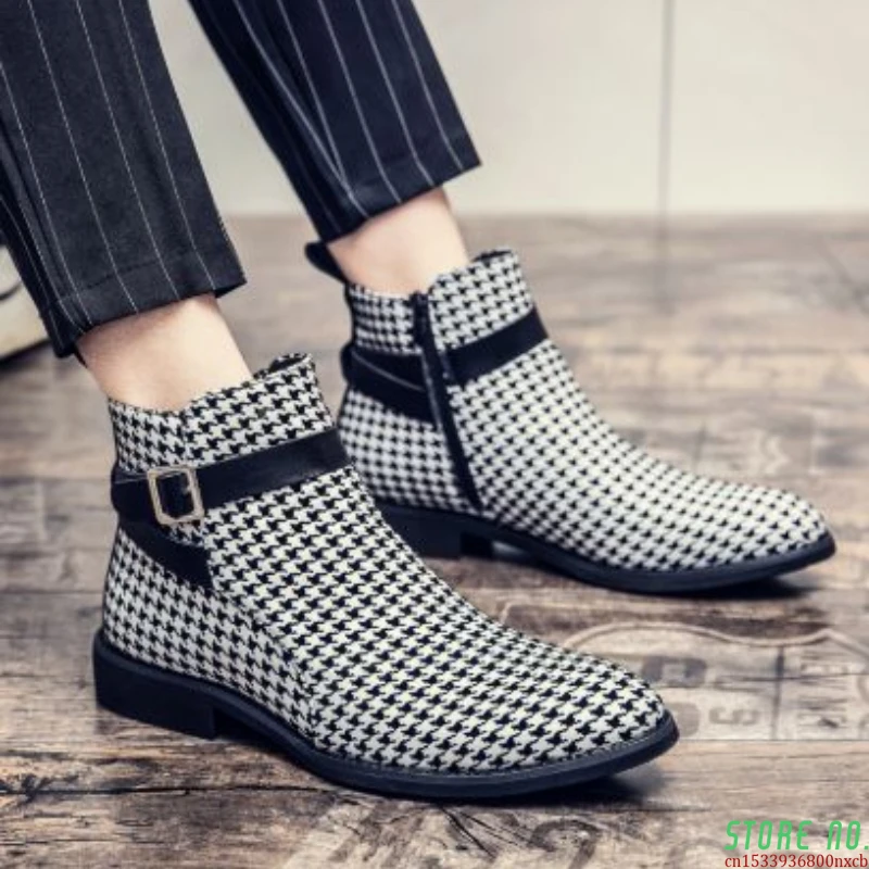 

2021 New Men's Casual Shoes Fashion Thousand Bird Plaid High Top Buckle Roman Casual Shoes Gentleman Comfortable Hot Sale KS022