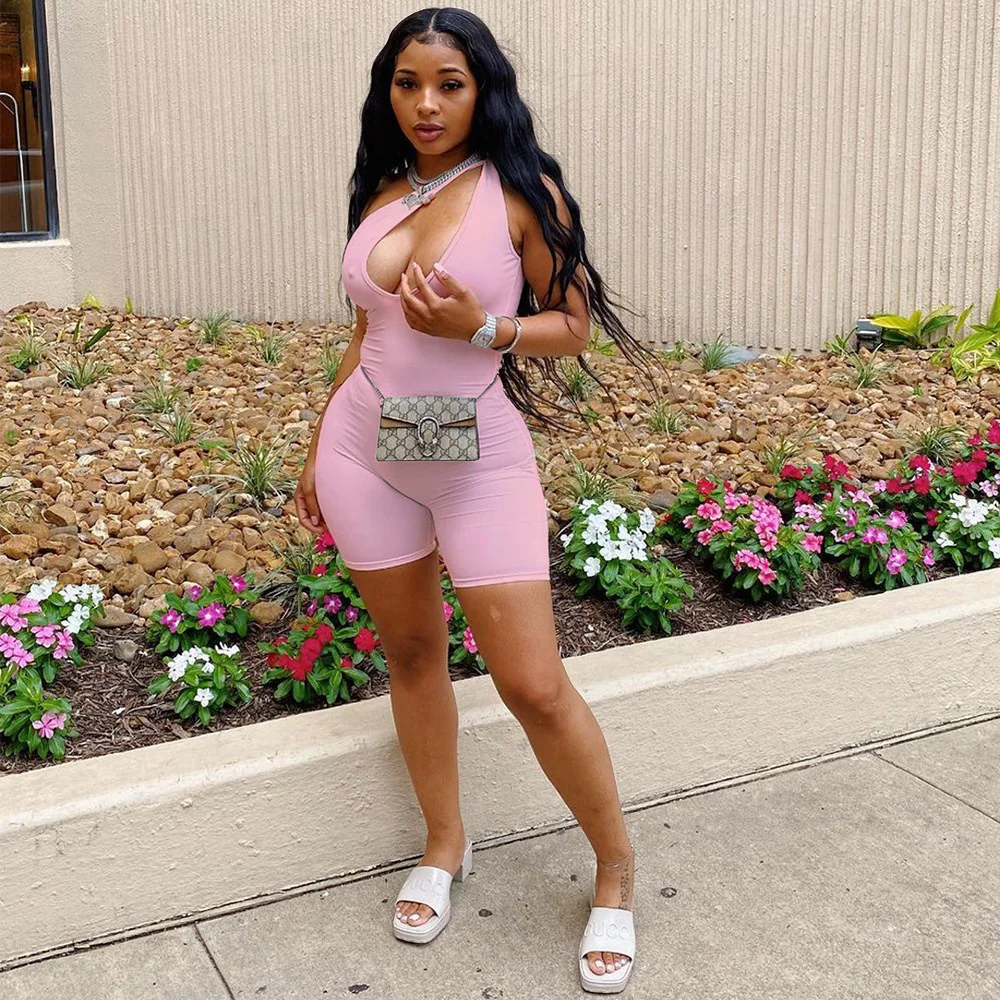 

O Neck Fashion Sexy Jumpsuits Solid One Shoulder Playsuit And Rompers Sleeveless Skinny Casual Short Jumpsuits For Women