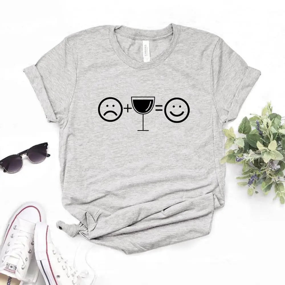 

Women T Shirt Sad + Wine =Happy Print Tshirt Women Short Sleeve O Neck Loose T-shirt Ladies Summer Causal Tee Shirt Clothes Tops