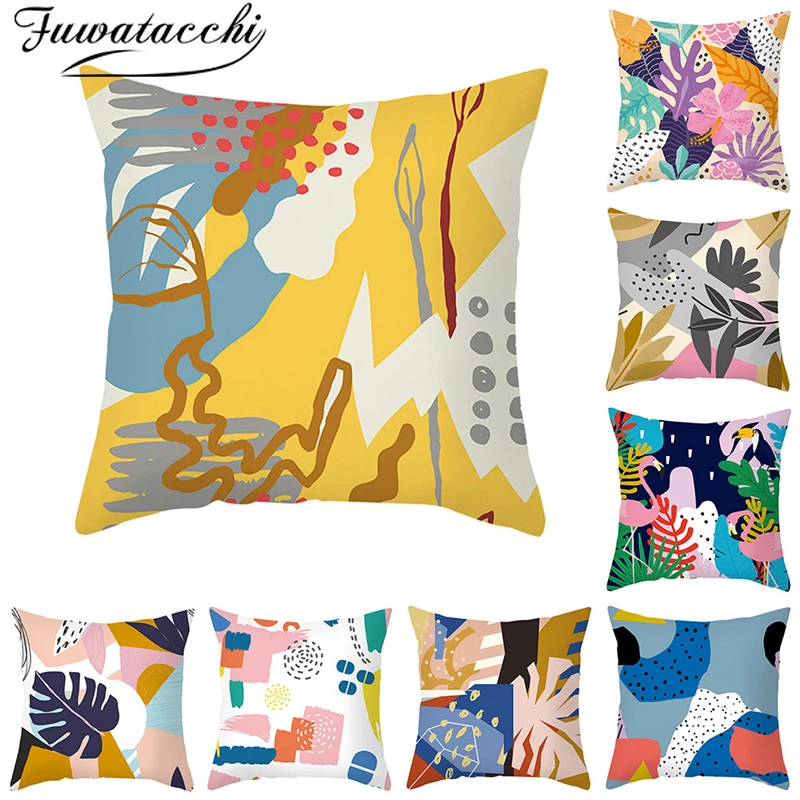 

Fuwatacchi Abstract Leaf Painted Cushion Cover Artistic Picture Throw Pillowcases for Home Sofa Decorative Pillow Covers 45x45cm