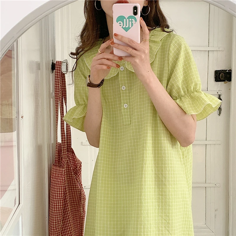 

CBAFU summer women nightgowns ruffles short sleeve plaid solid homewear dress sleepwear peter pan collar nightdress vestido M866