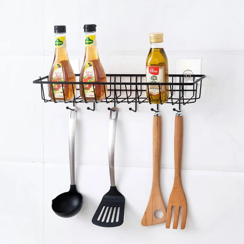 

Kitchen wrought iron rack wall-mounted perforation-free household storage utensils spice bottle rack kitchenware
