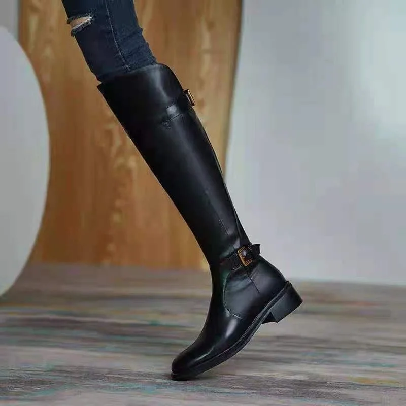 

Belt buckle flat high boots women spring and autumn new British style small boots wild retro knight boots over the knee boots