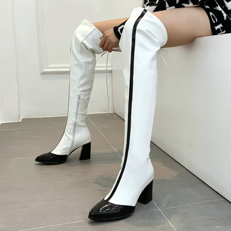 

Ladies Patent Leather Knee Boots Zipper Pointed Fashion Boots Ladies Color Combination Comfortable Thick Heel Winter Warm Shoes