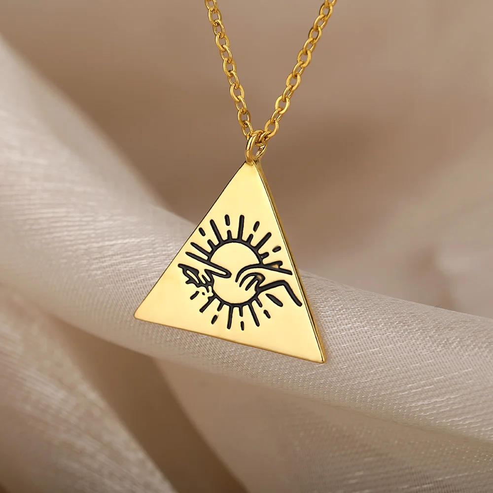 

Aesthetic Vintage Hold hands In Sun Necklace Stainless Steel Triangle Pendant Necklace For Women Gothic Jewelry Couple Gift