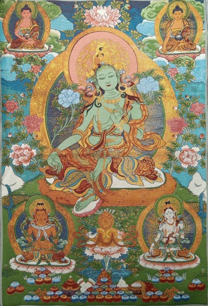 

36" Tibet Tibetan Embroidered Cloth Silk Buddhism Green Tara Kwan-yin Tangka Thangka Mural Buddha Home Decor