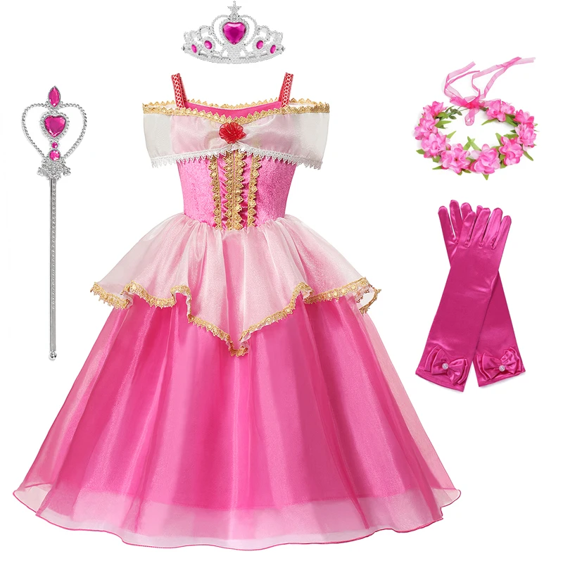 

Girls Sleeping Beauty Dress Little Kids Aurora Ball Gown Children Fancy Party Prom Frocks Rose Red Off Shoudler Princess Costume