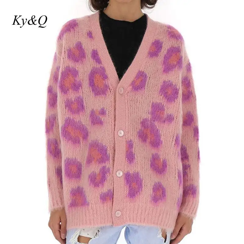 Женский вязаный свитер из мохера Lazy Wind розовый Свободный кардиган с v-образным