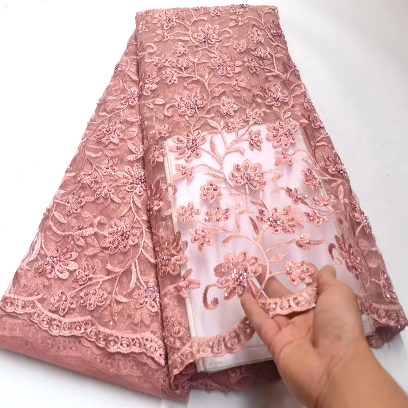 Нигерийские кружевные ткани для свадьбы, африканская французская кружевная ткань высокого качества с объемными цветами из бисера ручной работы 5 ярдов RG612 - Цвет: 8