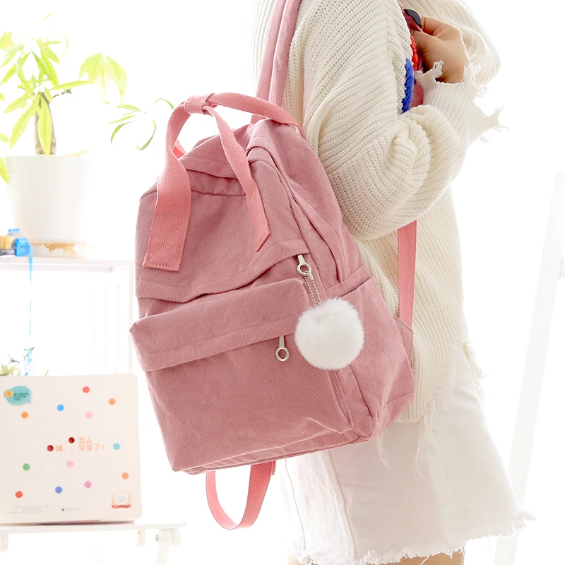 Женский вельветовый рюкзак atinfor однотонный с меховым шариком и защитой от кражи