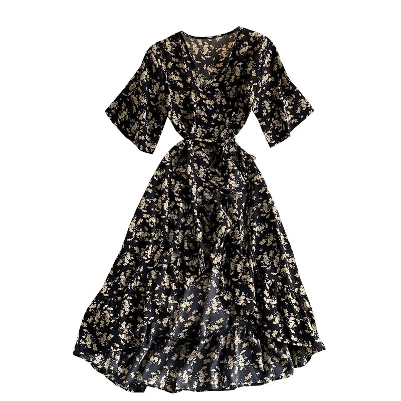 

2021 Summer New Fashion Girls Short Sleeve V-neck Floral Printed Robe Waist Slim Women Irregular Ruffle Folds Pleated Dress