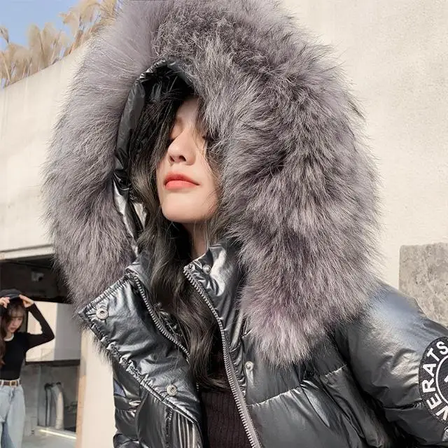 2019 Fashion Women Winter Down Jacket Chic Big Fur Warm Ultra Light Long Coat Female Parka Hooded Woman Glossy Jackets Oversized
