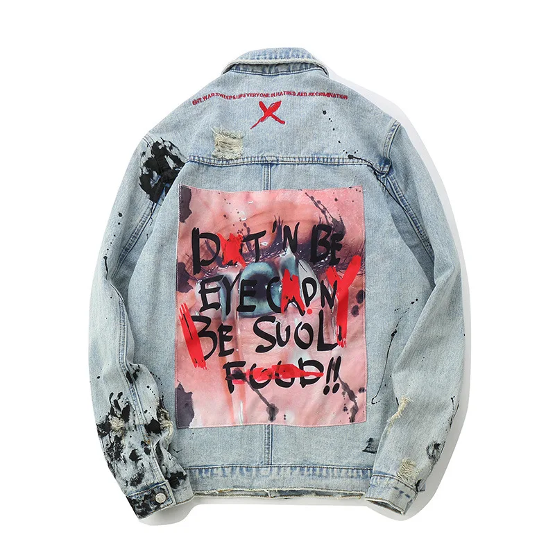 

Hipster Holes Loose Hip Hop motorcycle Cotton black Casual Denim Jackets Men Streetwear Graffiti Appliques printed Jeans Jacket