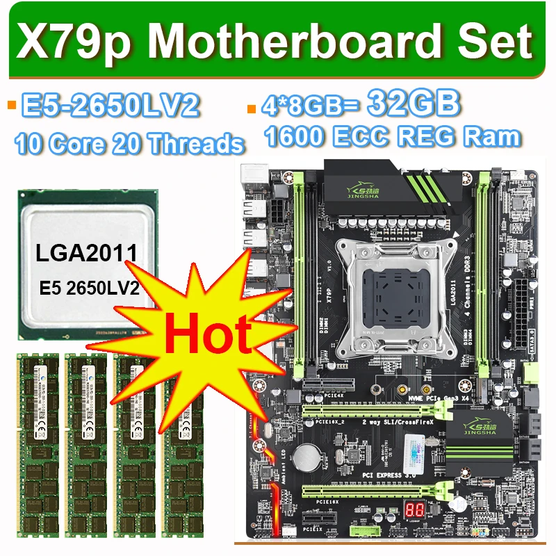 Материнская плата JINGSHA с LGA2011 combos Xeon E5 2650LV2 CPU 10 ядер 20 потоков 4 шт. x 8 ГБ = 32 памяти DDR3