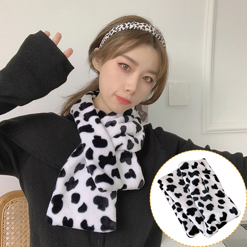 

Winter Warm Shawl Wraps Neck Warmer Plush Scarf Imitation Fur Collar Scarf Furry Cross Scarves Black and White Cow Spots Print
