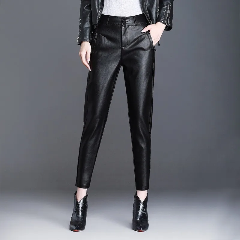 2020 New Leather Harem Pants Women Streetwear Fashion High Waist Black Pencil Autumn Winter Slim Korean Trousers | Женская одежда
