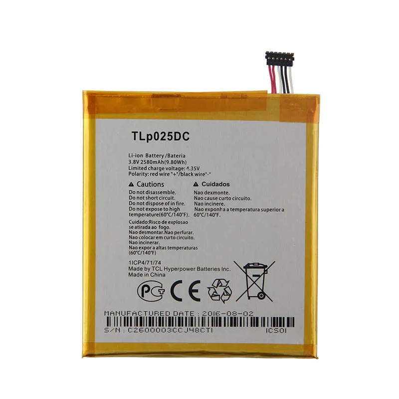 2580mAh TLp025DC Батарея для Alcatel Pixi 4 6.0 OT 9001A 9001X 9001D 8050D OT-8050 Baterij Batterie Мобильные телефоны Аккумуляторы.
