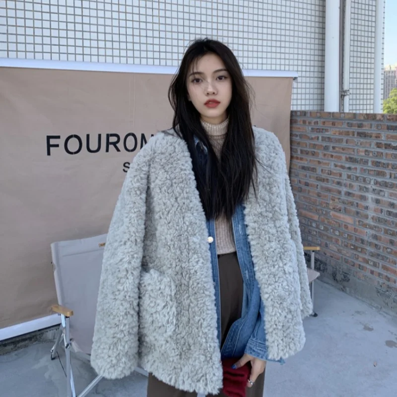 

Winter 2021 simple new loose lamb wool solid color v-neck comfortable and warm women's cotton jacket