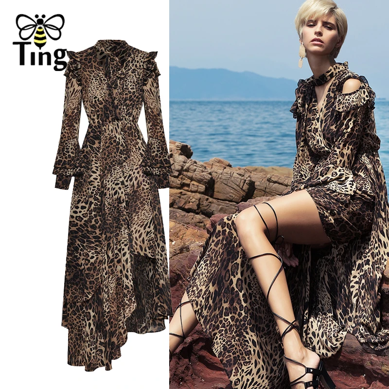 Женское платье с леопардовым принтом V-образным вырезом и разрезом | Женская