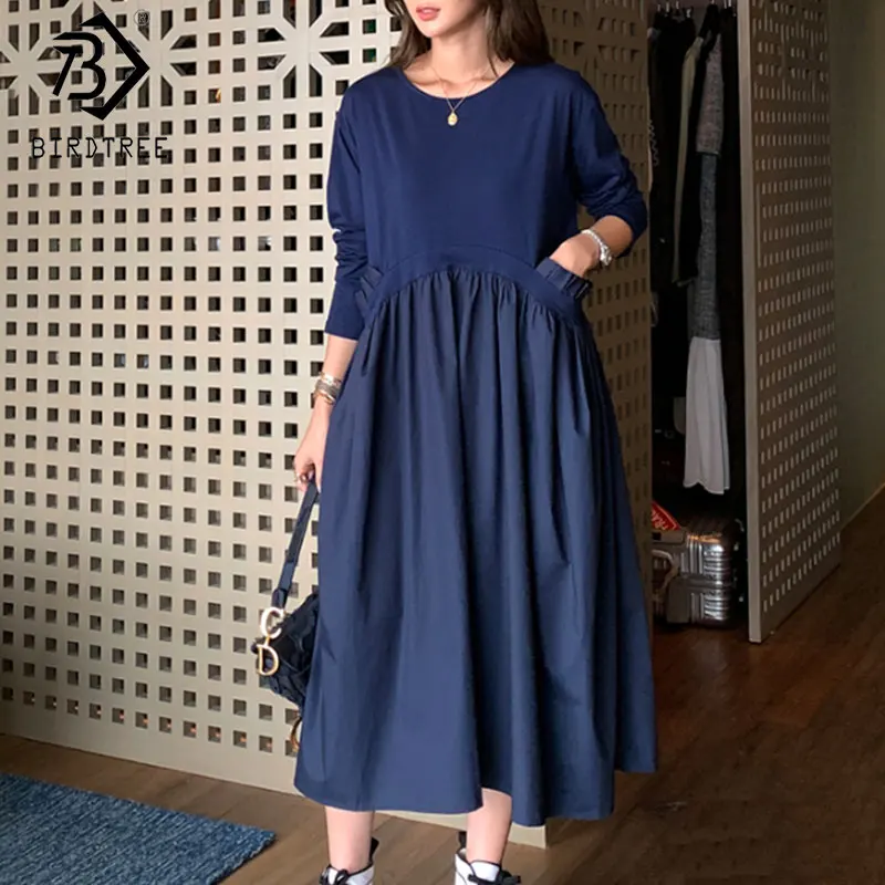 

Women Ladies Long Sleeve Ruffled Pocket O Neck Shirt Dress Spring Fake Two Piece Knit Dress D0N308N