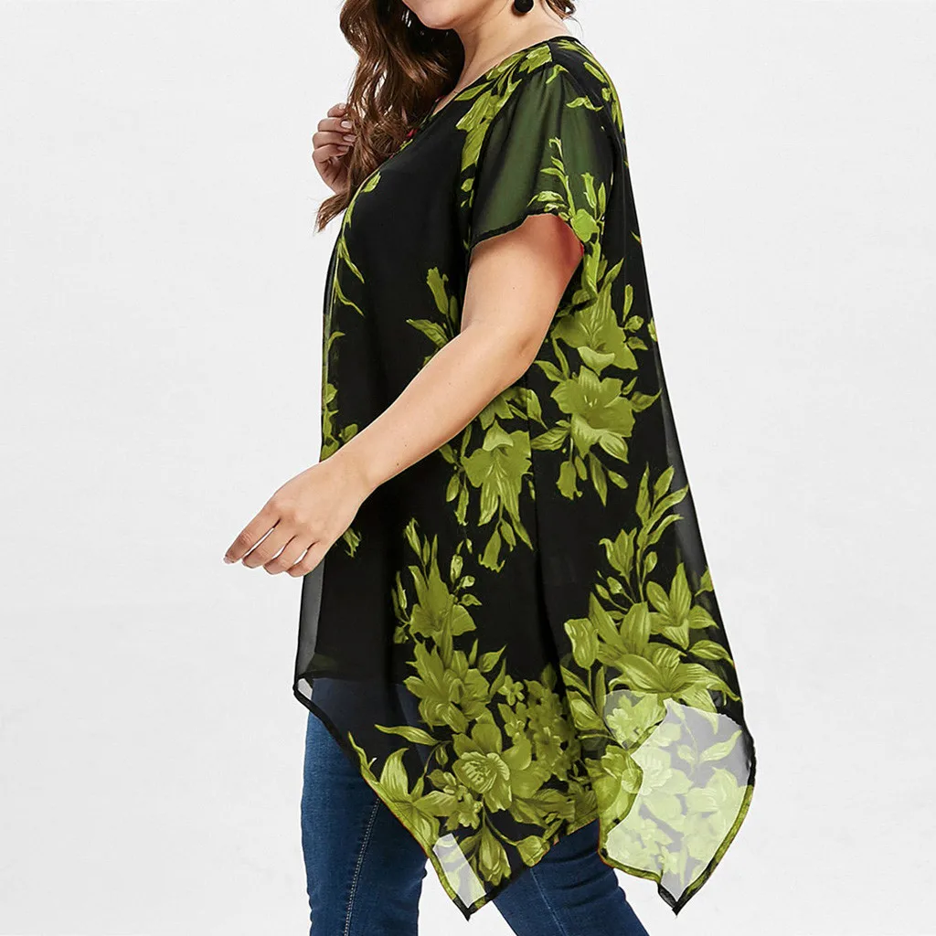 Double Chiffon Print Blouse Women Short Sleeve Loose Shirt Tops Plus Size Bluzka Damska Blouses Camisa Feminina | Женская одежда