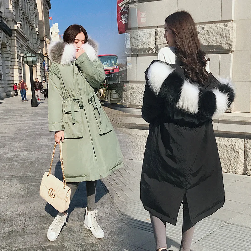 

Женская длинная куртка в стиле пэчворк, черная парка большого размера с воротником из натурального меха, верхняя одежда на белом утином пух...