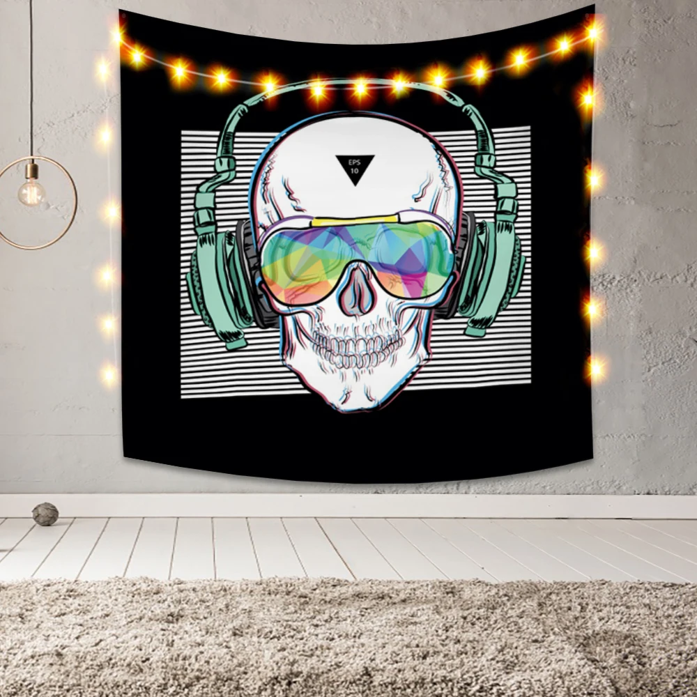 

Laeacco DJ Skull Printed Tapestries Wall Hanging Bohemian Tapestry Travel Sandy Beach Psychedelic Bedroom Home Decor Polyester