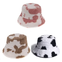 and winter plush autumn white warm shopping travel all match cows pattern fisherman hat bucket hat black