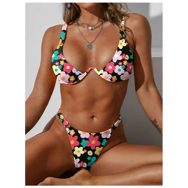 

STOCK 3Colors Sexy Triangle Bathing Two Pieces Swimwear V-bar Underwire Bikini 2022 Women Push Up Swimsuit V Shape Wire Bikinis