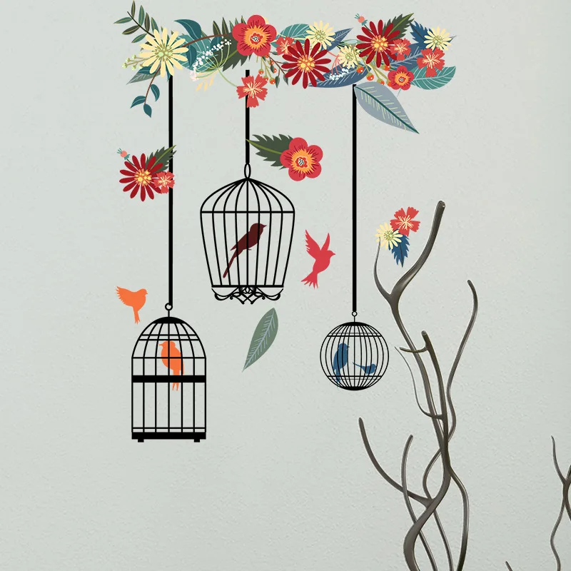 

Colorful flower birdcage Wall Stickers For Living Room Bedroom Home Decoration Wall Decals Large Murals Art Poster PVC