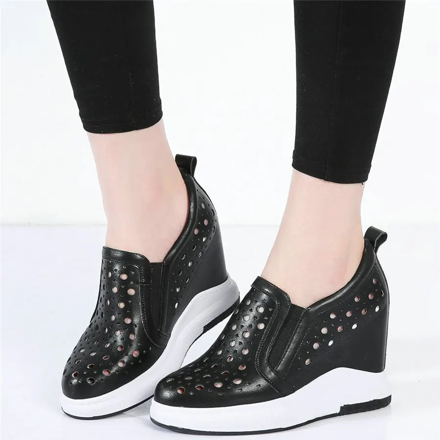 Туфли лодочки женские из натуральной кожи на танкетке высокий каблук круглый