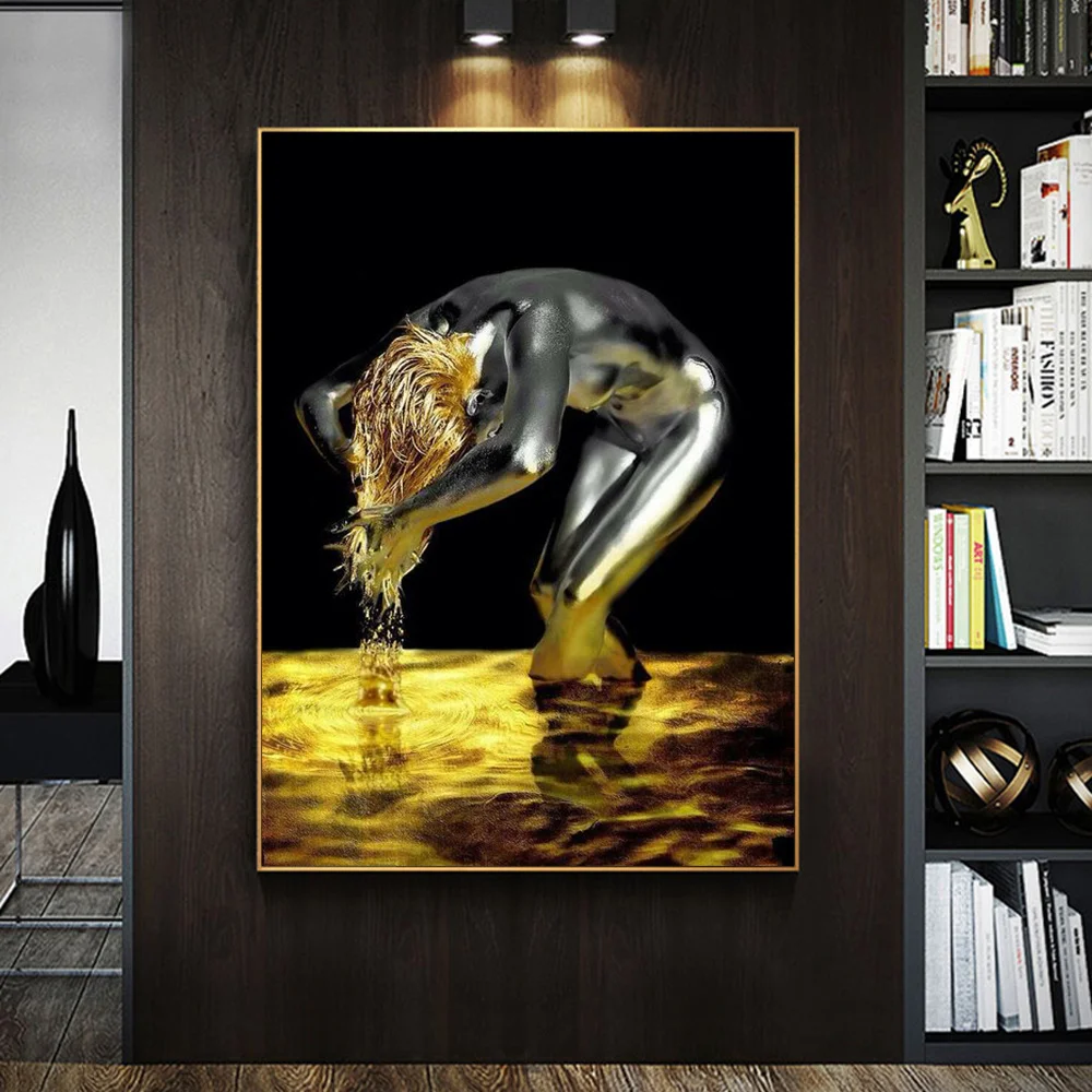 

Metal sculpture with golden hair Art Canvas Painting Fashion Portrait Posters and Prints Wall Art Picture for Living Room Decor