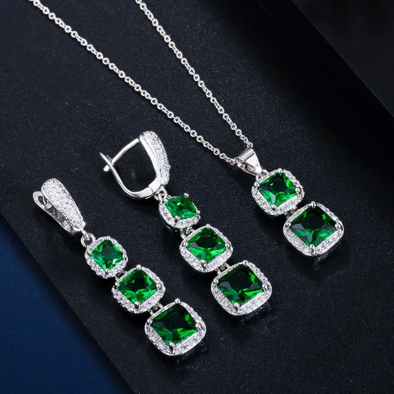 Silver Green CWWZircons Элегантный квадратный Королевский синий кубический цирконий висячие серьги подвеска ожерелье дамский костюм Ювелирные наборы T354 - Окраска металла: Silver Green