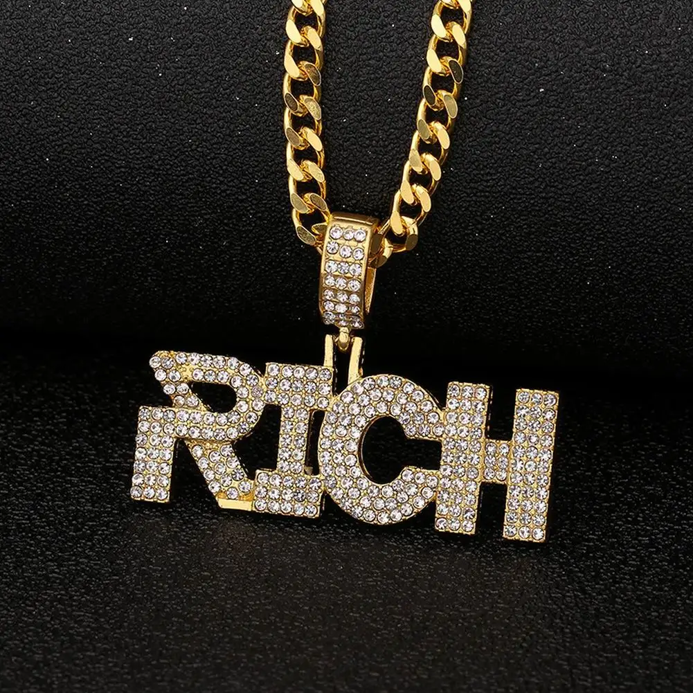 

Hip Hop RICH Necklace Cuban Link Chain Shiny Rhinestones Nickle-Free Gold/Silver Necklace for Men DIY Decorations