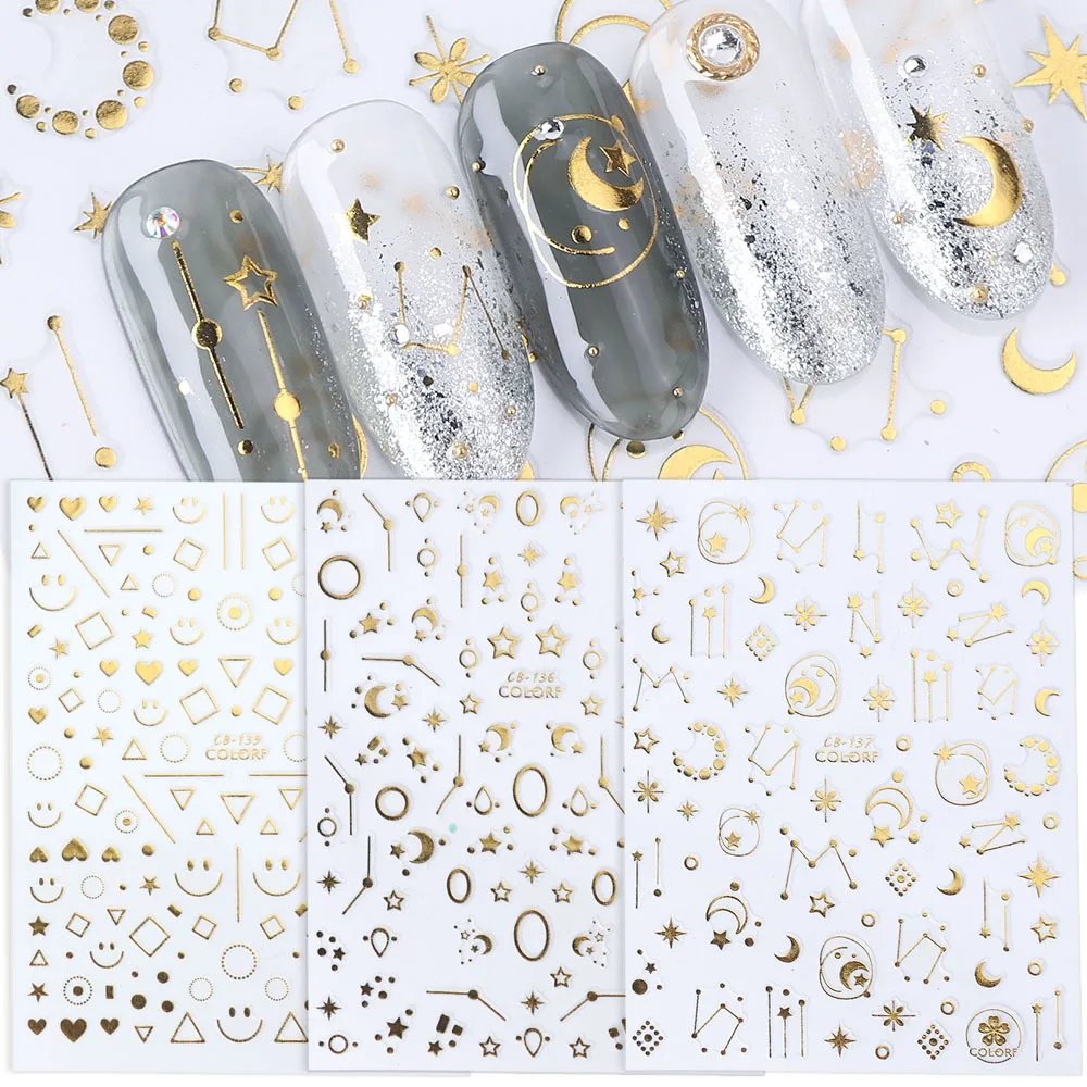 

1PCS Nail Sticker Decal DIY Nail Designs Gold Silver Stars and Moon Stripe Line Geometric Pattern Nail Art Sticker Accessories