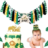 jungle safari high chair banner tropical wild one 1st birthday party decorations crown hat cake topper baby shower animals party