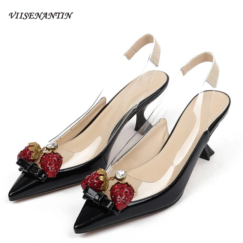 Весенние кожаные прозрачные Клубничные Стразы пикантные туфли на шпильке для