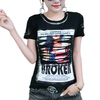 summer t shirts for ladies short sleeve casual cotton tops character letter print bottoming shirt